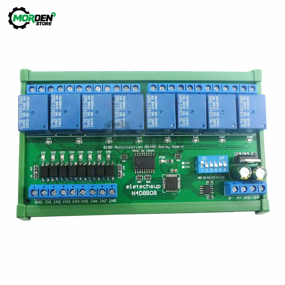 DC 12V 24V 8 Isolated Input & 8 Output DIN35 C45 Rail Box UART Relay Module RS485 Modbus RTU Control Switch Board Power Supply