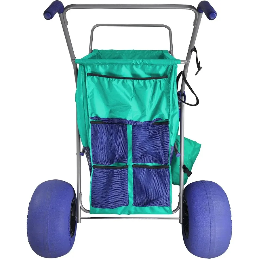 عربة شاطئ كبيرة بعجلة بالون، عربة تخزين قابلة للطي بإطارات الشاطئ مقاس 13 بوصة لسهولة نقل العتاد، تتضمن مضخة، إسفنج البحر الأخضر