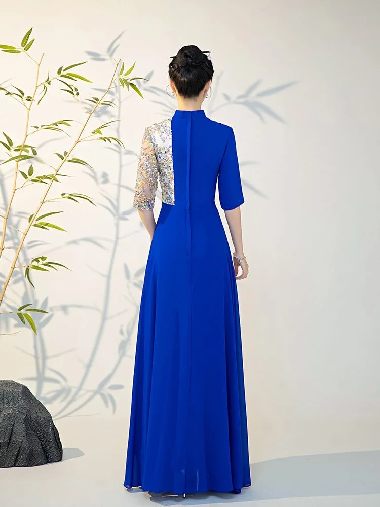 Performance costume long Chinese style host evening dress