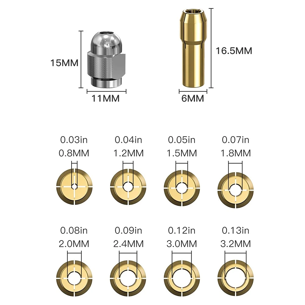 10ชิ้นคอลเลตทองเหลืองสำหรับ dremel 4485เปลี่ยนอย่างรวดเร็วชุดเครื่องมือน็อต Bor putar 0.8/1.2/1.5/1.8/ 2.0/2.4/3.0/3.2มม.