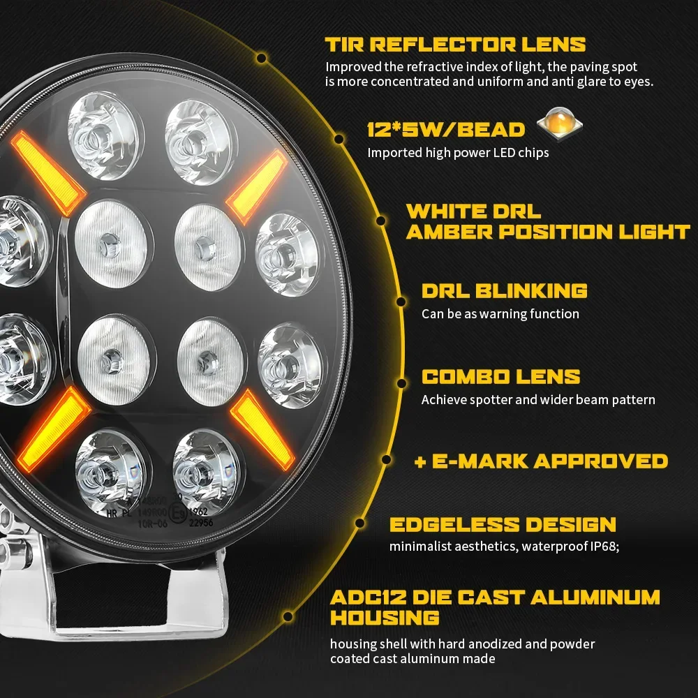 HAOLIDE 9インチ トラック用スポットライト 6000k ホワイト フルLED アンバーフォグライト ストロボライト トラック用ドライビングライト 12V 24V オフロード車用 IP68