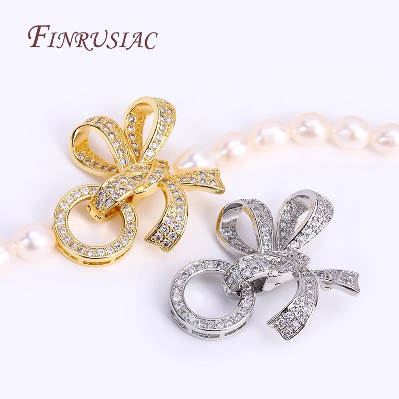 18K Gold Plated Inlaid Zircon 3 rings Bowknot Butterfly Pearl Clasps Fastener, DIY Pearl Jewelry Decoration Connector Clasps