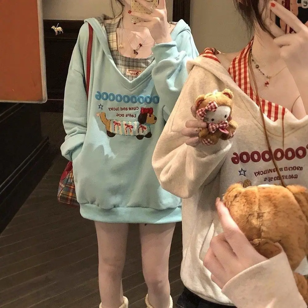 الخريف الشتاء رقيقة نقية الحلو نمط المرقعة منقوشة الخامس الرقبة حجم صغير تنوعا البلوز معلقة الرقبة ملابس داخلية قطعتين...