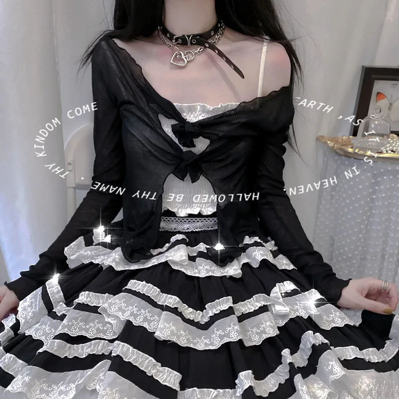 Saia de renda Lolita com laço, Saia Kawaii para menina, Retro e Linda, Vitoriana e Gótica, Fresca e Doce, Loli, Estudante Japonesa