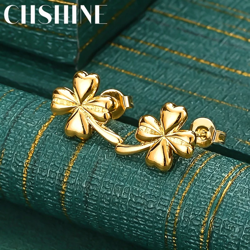 925 Sterling Silver 18K Gold Four Leaf Clover Stud Earrings for Women Fashion Wedding Party Jewelry