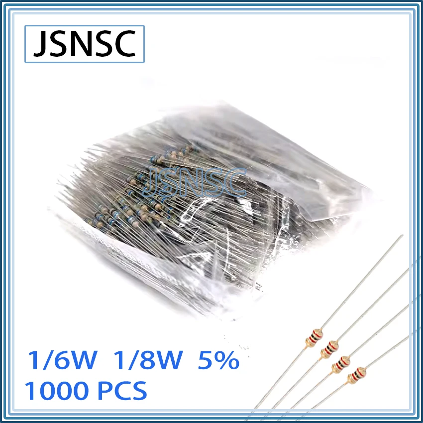 JSNSC 1000PCS 5% 1/6W 1/8W 1R 2R 3R 10R 12R 15R 18R 20R 22R 24R 27R 30R 33R 36R 39R 43R 47R 51R 56R OHM carbon film DIP resistor