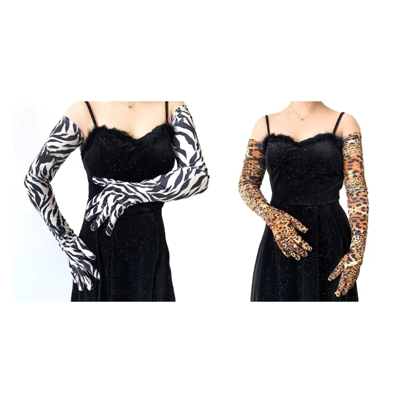 Elegant Long Length Gloves Night Club Arm Sleeves for Formal Event Dress Women Evening Party Leopard Print Gloves