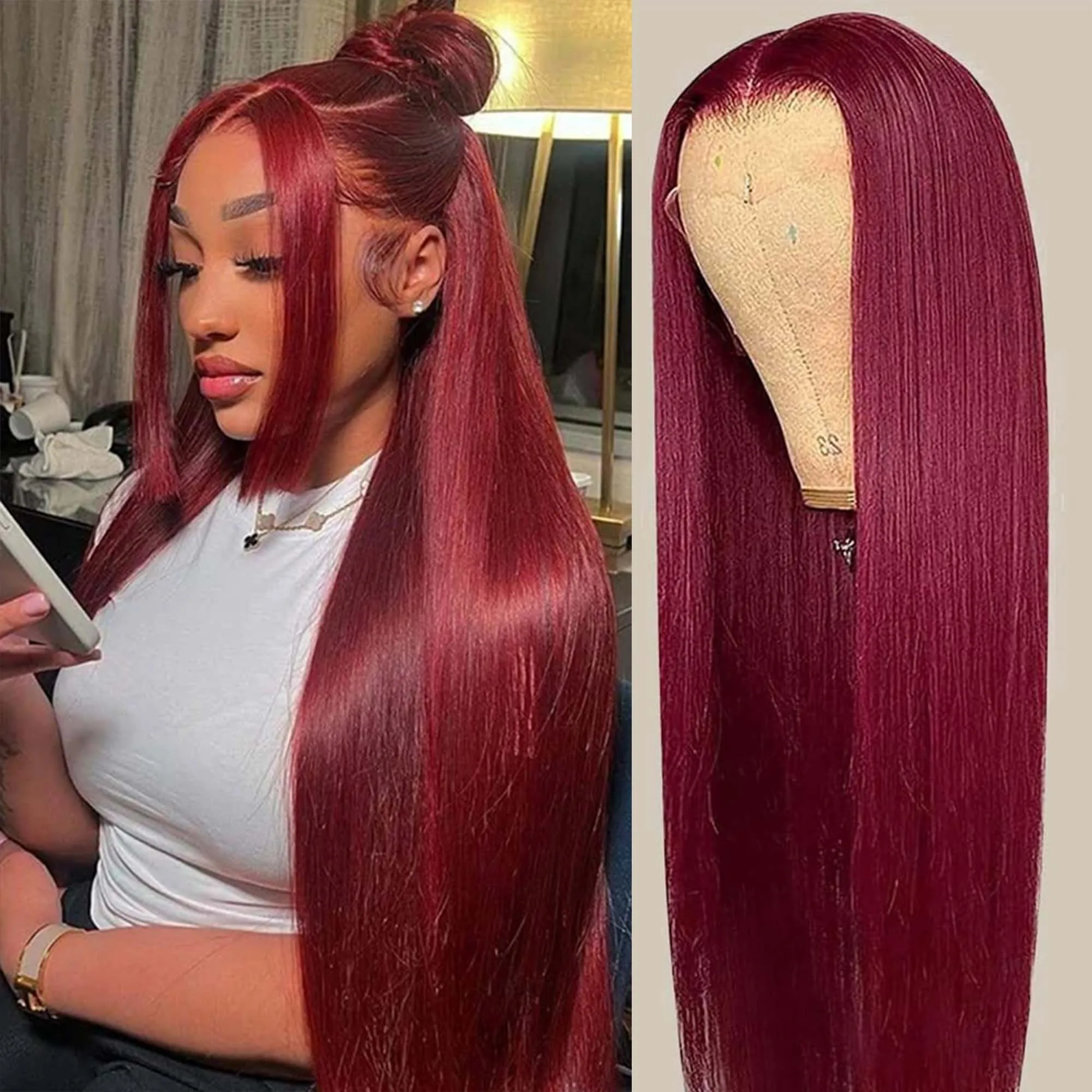 

Burgundy 13x6 HD Lace Frontal Human Hair Wig Straight Red Lace Front Human Hair Wigs 99J Colored 200% Human Hair Wig Pre Plucked