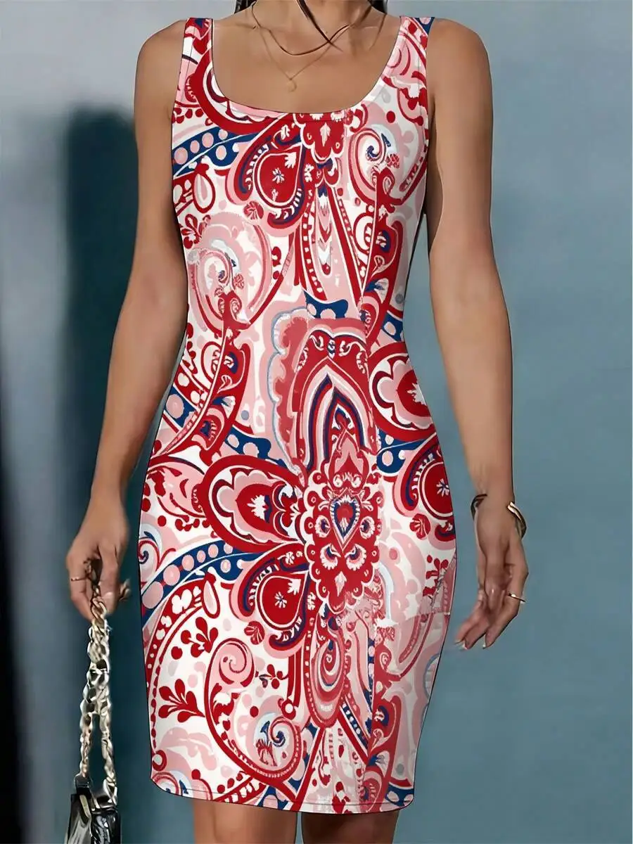 

Womens Bodycon Dress With Red Blue White Paisley Print Casual Summer Dress