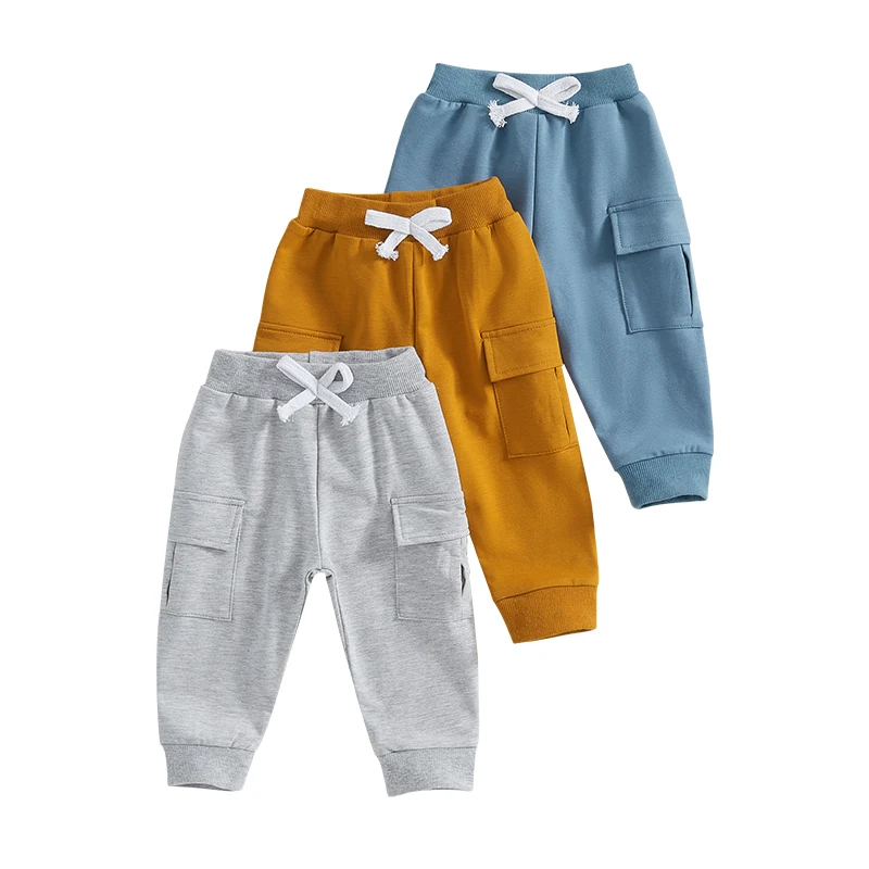 Baby Boy Fall Winter Cargo Pants Causal Sweatpants Pack of 3 Solid Color Elastic Waist Bottom Pants Trousers with Pockets