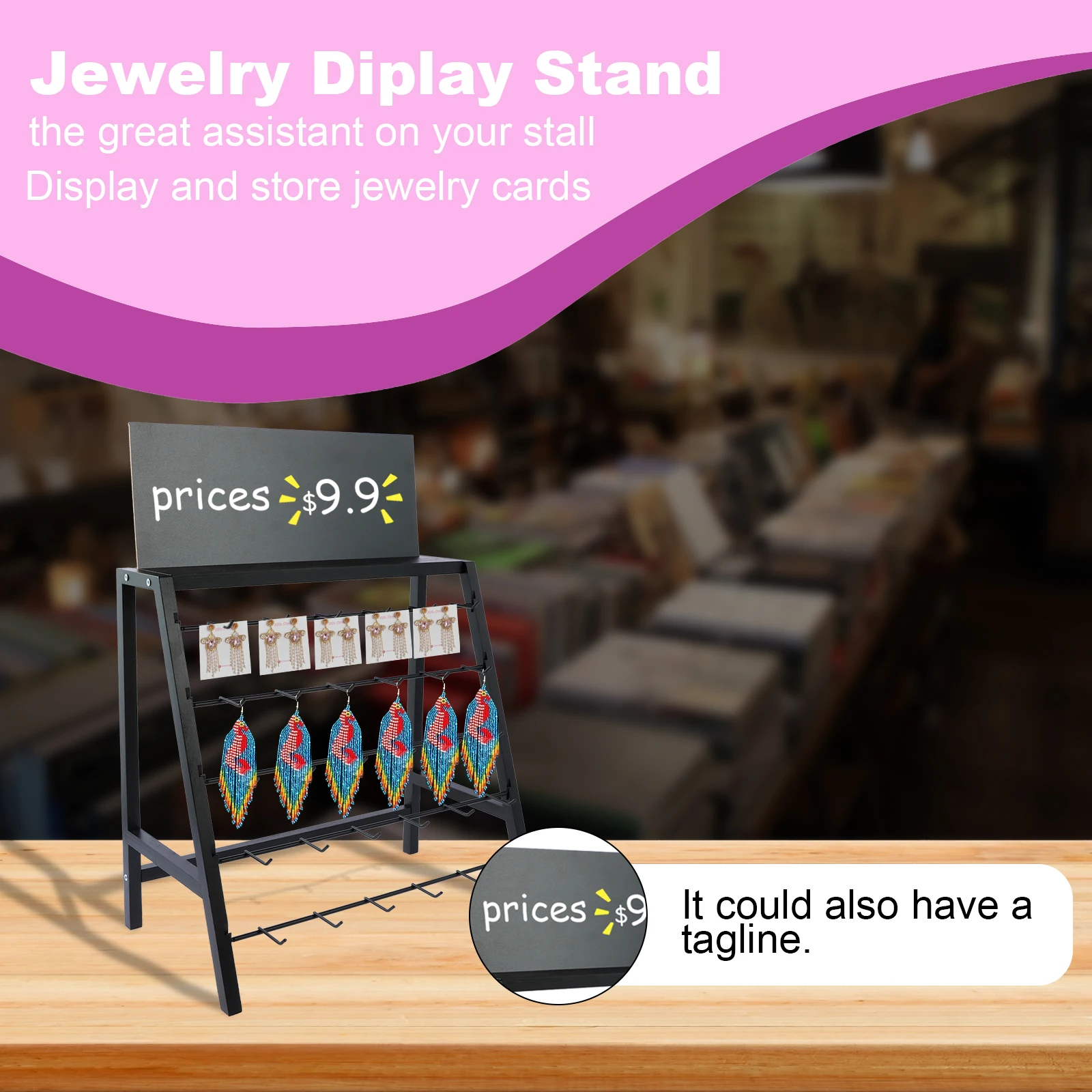 5-Tiers Jewelry Shelf Wooden Earring Display Stand with Advertising Board 30 Hooks Large Capacity Jewelry Organizer for Selling