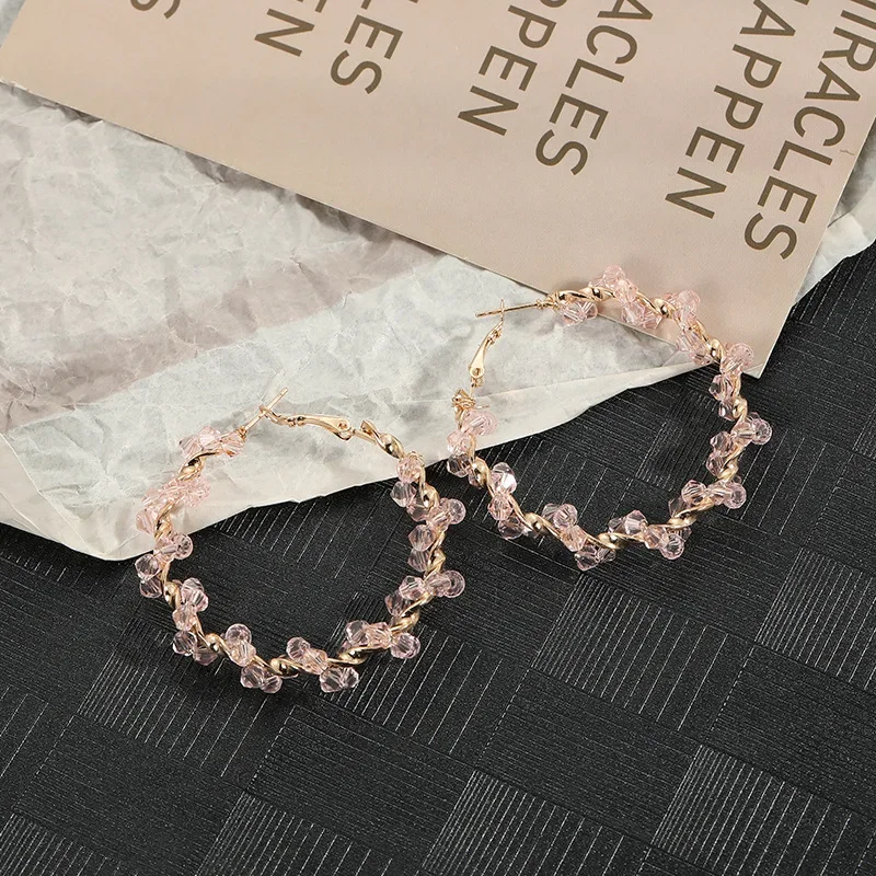 Exaggerated Woven Geometric Pink Crystal Twine 5.5CM Hoop Earrings for Women Metal Punk Jewelry Accessory Wholesale Girl Gift