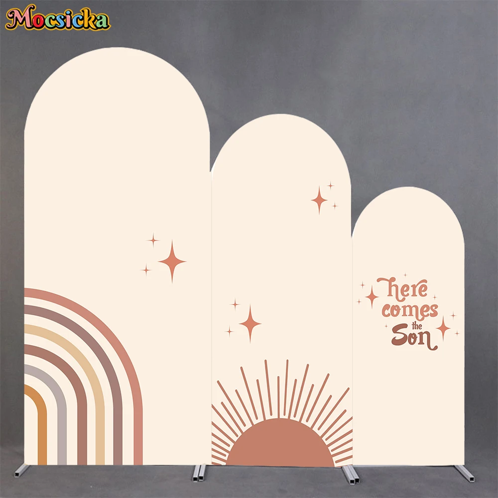 Mocsicka Happy Birthday Arch Covers Backdrop Soft Elastic Double-Faced Wedding Arched Background Beige Rainbow Party Decor Props