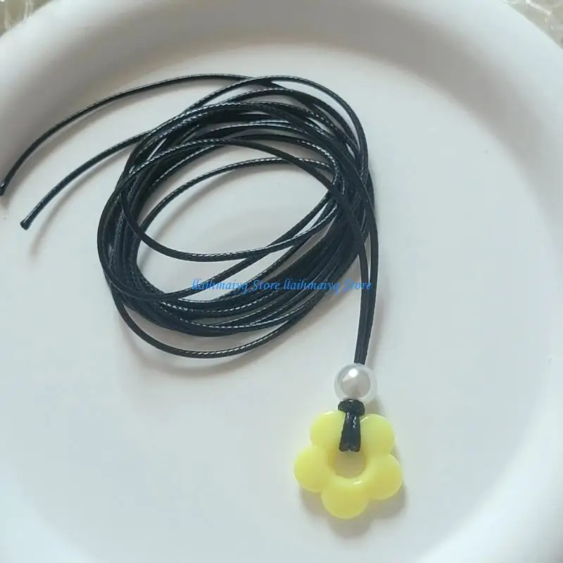 

573B Pearl Flower Pendant Necklace Sweet Cool Wax Rope Choker Fashion Collar Necklace