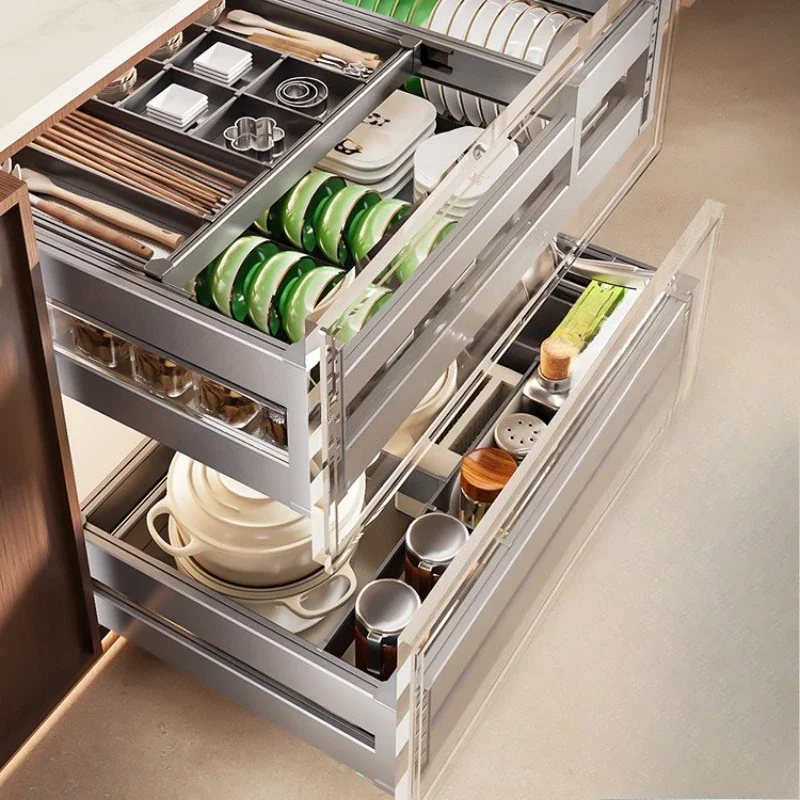 Pull Basket Kitchen Cabinet Drawer Type Double Layer Bowl Basket 304 Stainless Steel Kitchen Cabinet Pull-up Dish Rack Cupboard