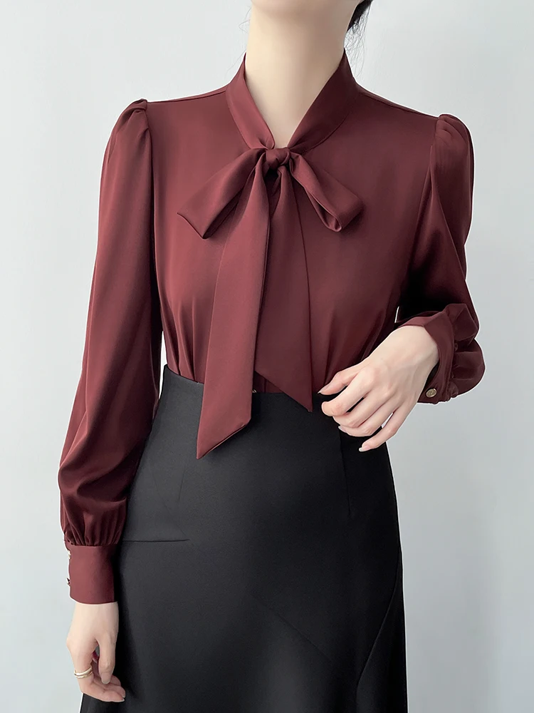 

Kara Red Women's Long Sve irt Profional Commute OL Blouse Knot Top Korean Sle Slim Fit V-ne Button-down