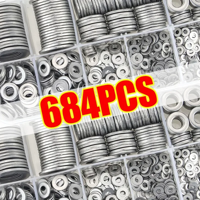 

684/180PCS Stainless Steel Washer Metal Screw Flat Washers Rings Plain Gaskets Fasteners for Screws Bolts Assortment Kit M2-M12
