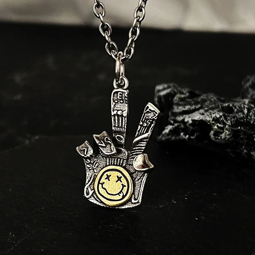 Silver Victory Smile Gesture Pendant Fashion Pendant Trendy Retro Hip Hop High End Jewelry