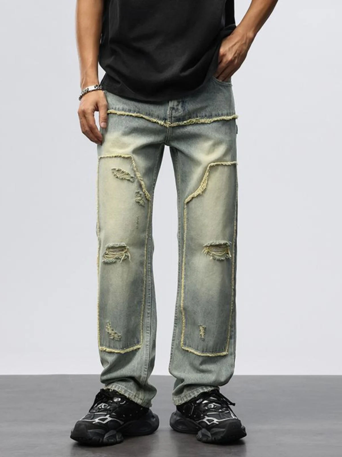 

Retro American Sle Men's Jeans Loose Straight Leg Casual Long Trousers with Patchwork And Frayed Hem High Street Trend