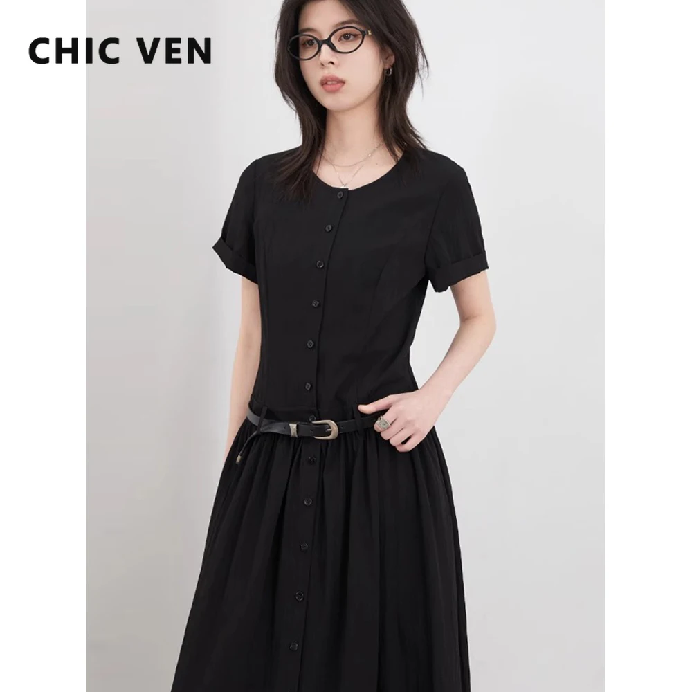 

CHIC VEN Korean Women Long Dresses A Line Solid Loose New O Neck Pullover Ladies Short Sleeved Female Dress Spring Summer 2025