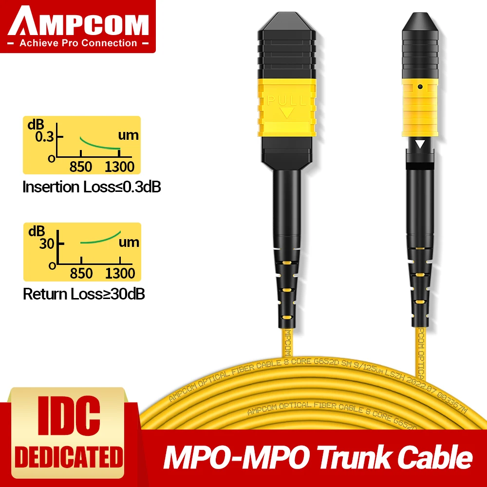 AMPCOM MPO to MPO Fiber Patch Cord Type B OS2 Singlemode 8/12/24 Cores Trunk Cable for 10G QSFP+ 100G QSFP28 Transceivers 1-30M