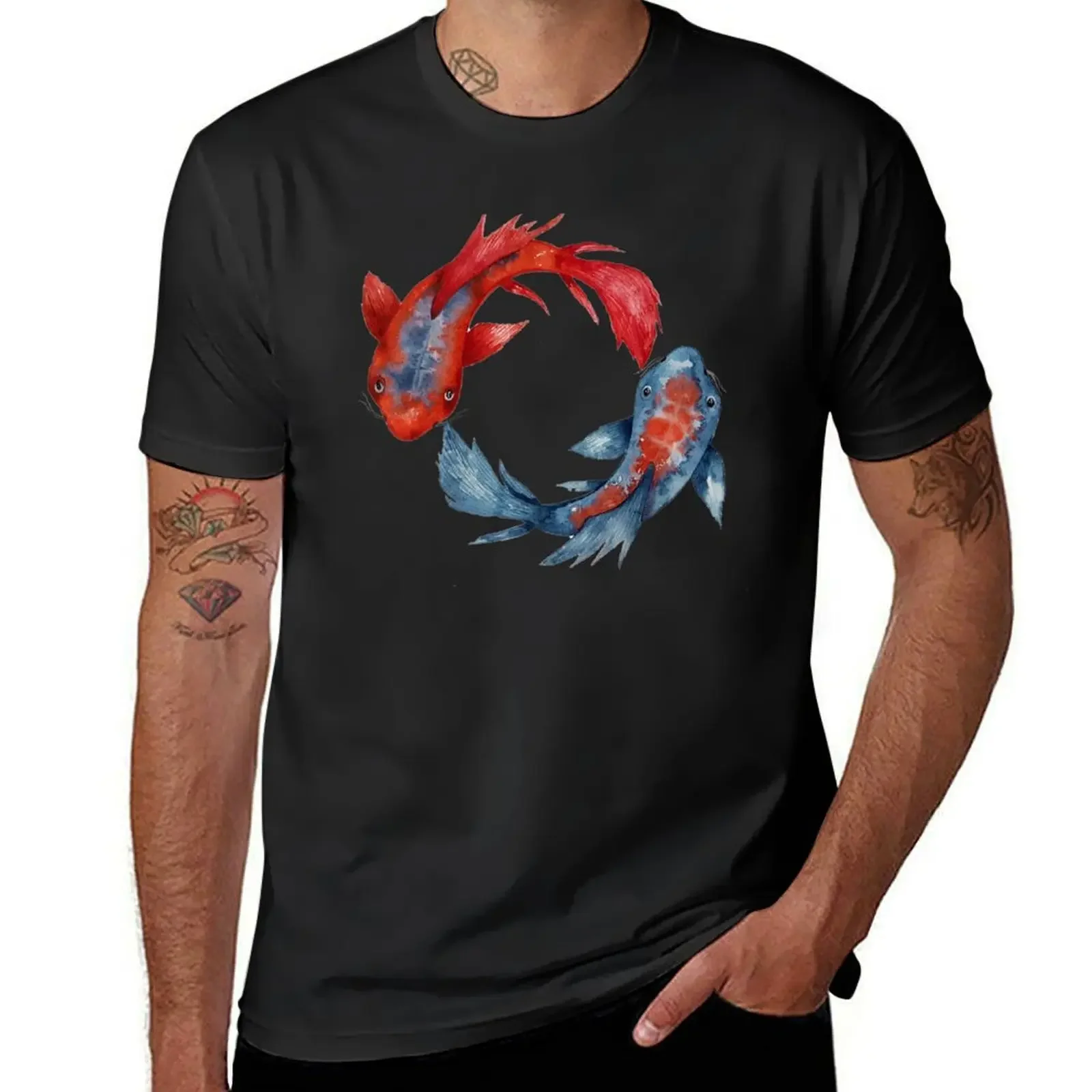 Yin Yang Koi Fish T-Shirt korean fashion blanks black t shirts for men