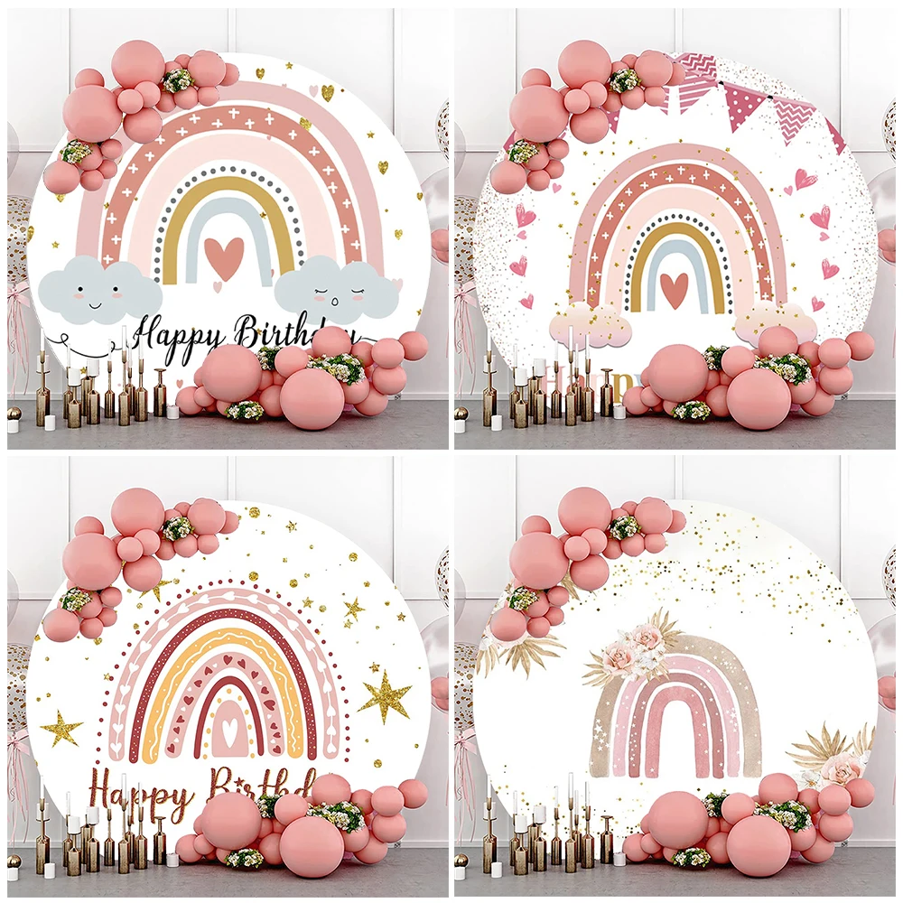 Girl Bohemian Rainbow Kids Party Backdrop Star Love  Boho Round Circle Background Cover Elastic Customize Birthday Decorations