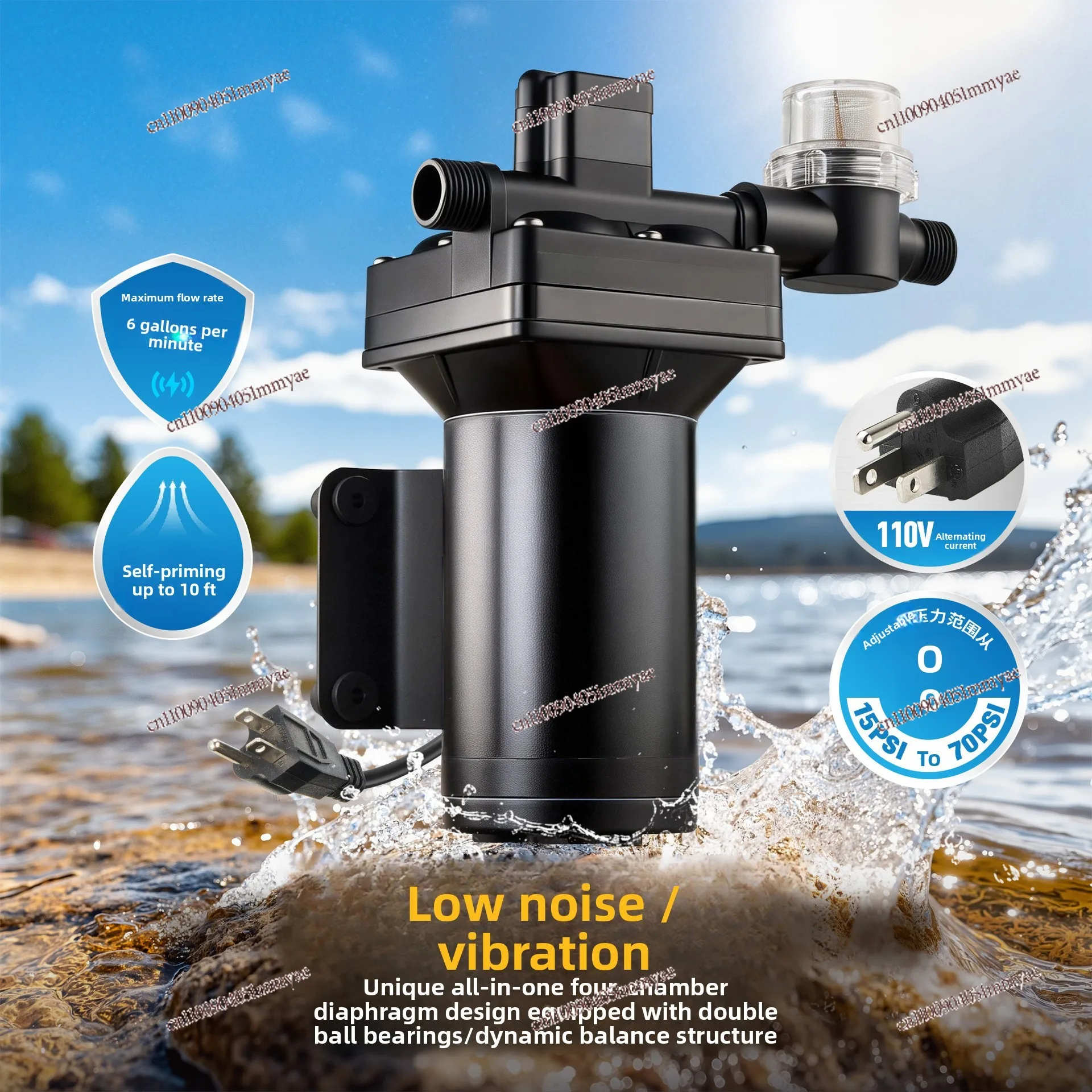 110V DC Four-cavity Diaphragm Water Pump Low Noise RV Yacht Self-priming Water Booster Pump Duplex