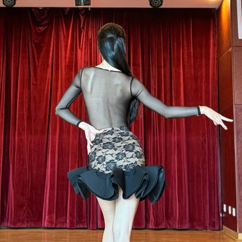 Sexy roupas de dança latina feminina malha manga latina superior saia renda adultos samba chacha traje competição dança latina sl11969