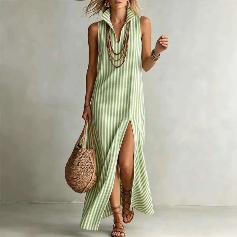Boho Gestreiftes Maxikleid mit Schlitz für Damen Sommer 2026 Modisches Ärmelloses V-Ausschnitt Freizeitkleid Vestidos