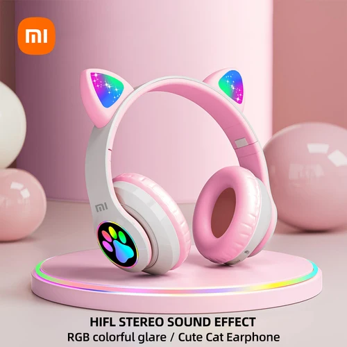 Auriculares inalámbricos Xiaomi Cat Ear con luz LED para niños y niñas, auriculares de aprendizaje plegables estéreo compatibles con Bluetooth con micrófono