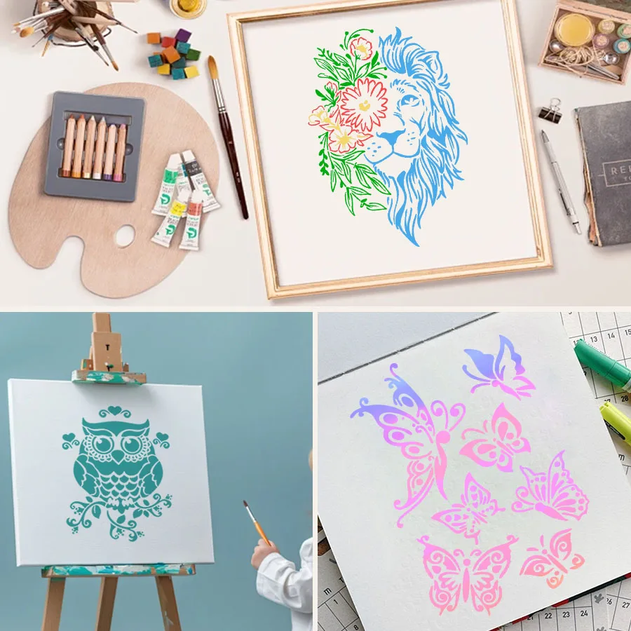 مجموعة واحدة مكونة من 4 قطع من استنسل الحيوانات والفراشات القابل لإعادة الاستخدام مقاس 8.3 × 11.7 بوصة - قوالب رسم يدوية للنسيج والخشب وسجل القصاصات وفن الحائط