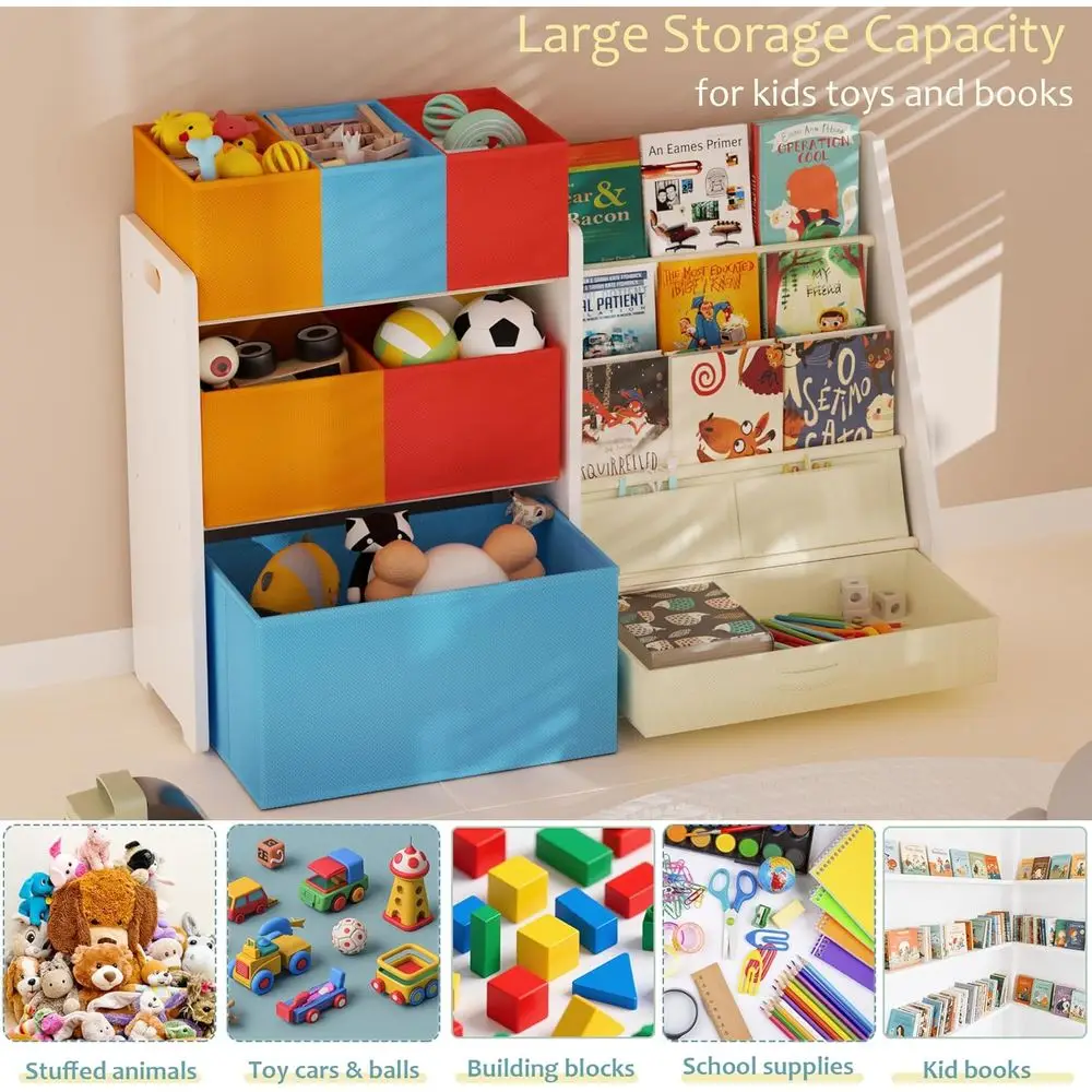Sturdy 3-Tier Wooden Toy & Book Storage with 6 Expandable Bins for Kids