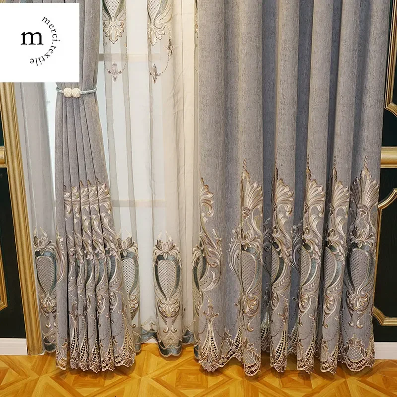 European Style Luxury Chenille Curtains for Living Room Bedroom Dining High Blackout Hollow Embroidered Window Drape Custom Size