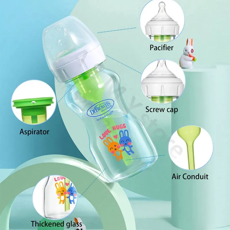 Dr. Brown\'s newborn glass baby bottle, wide diameter, anti-colic, gas-liquid separation 150ML + 270ML combination set