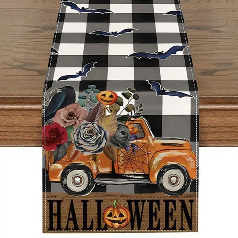 VIKAMA Halloween Table Runner Black Cat Ghost Pumpkin Bat Print Linen Table Decor For Holiday Dining Farmhouse Party Decor
