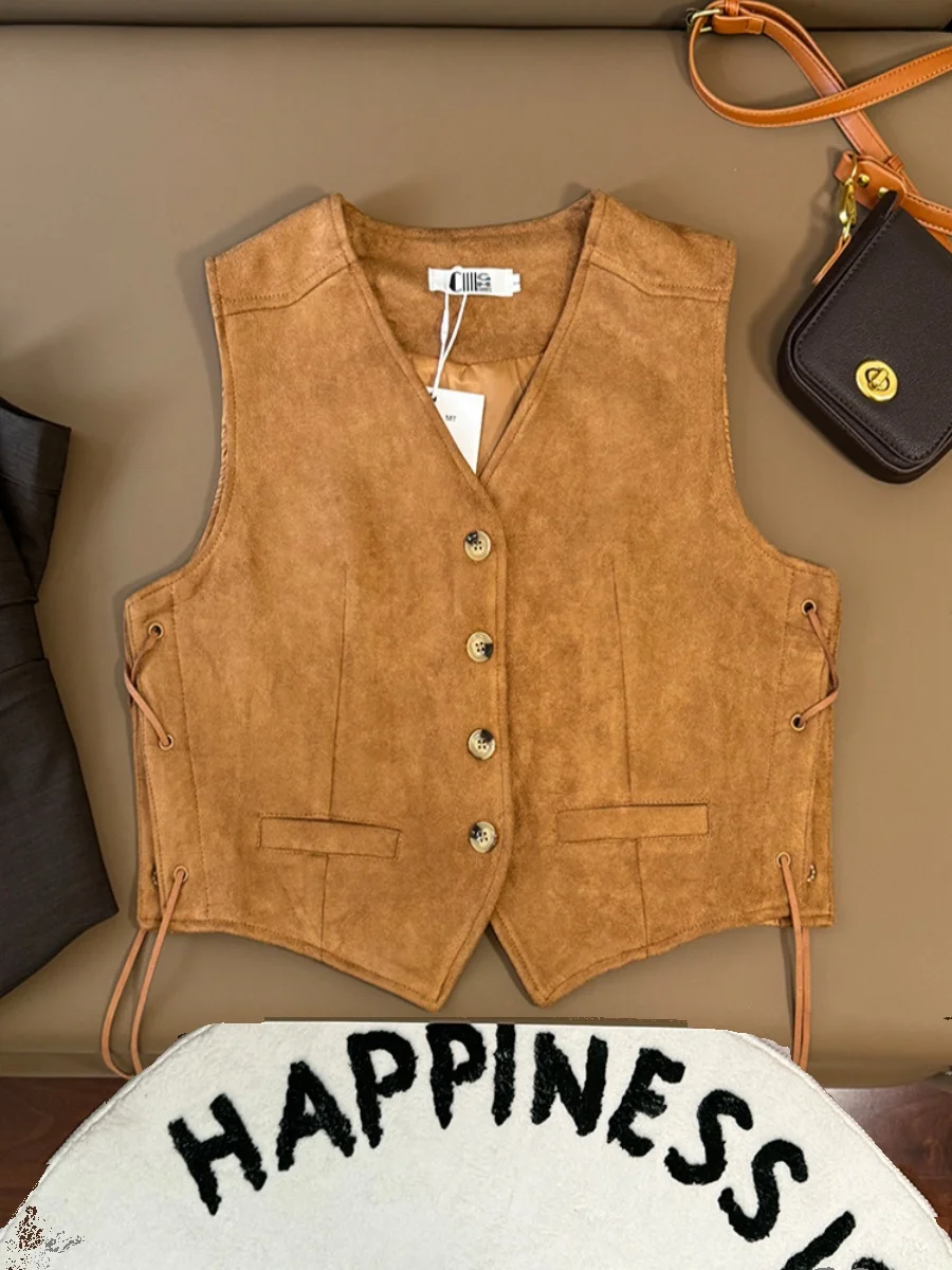 Chaleco de gamuza empalmado con cordones Retro Jaet mujer ort v-ne pequeño Jaet otoño alta gama sentido capas Faionable