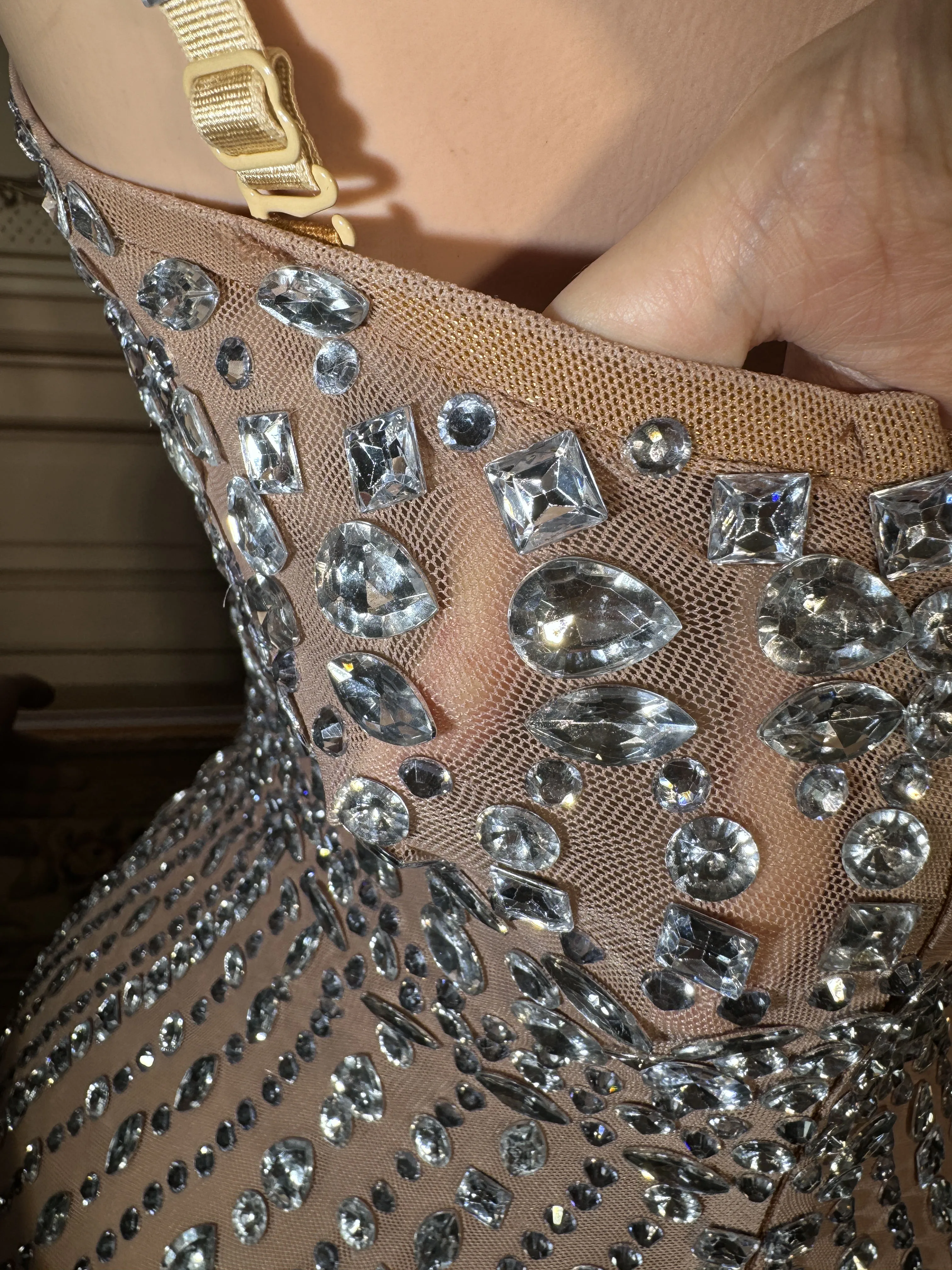 ZD Abito aderente sexy da donna Abito da sera di compleanno di lusso con strass glitterati Maglia trasparente Abito da ballo Abito da palcoscenico