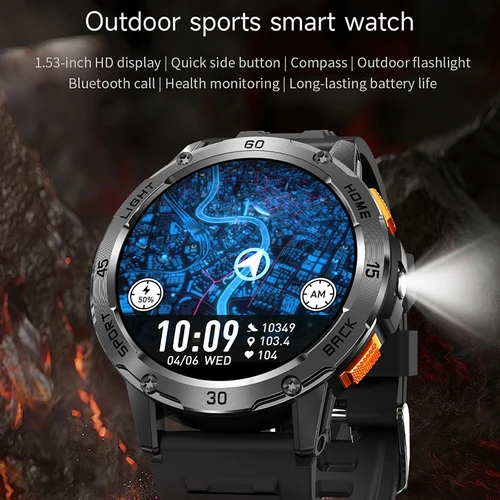 Imagen 2 del producto Reloj inteligente con linterna LED de 5ATM para hombre, más de 100 modos deportivos, Monitor de salud, relojes para hombre, llamadas Bluetooth, relojes inteligentes para Android ios