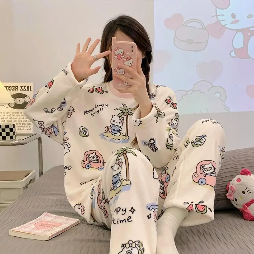 Sanrios Plush Pajamas Suit Hello Kitty Kuromi Women Anime Kawaii Winter Soft 2Pcs Loungewear Girls Cute Long Sleeves Homewear