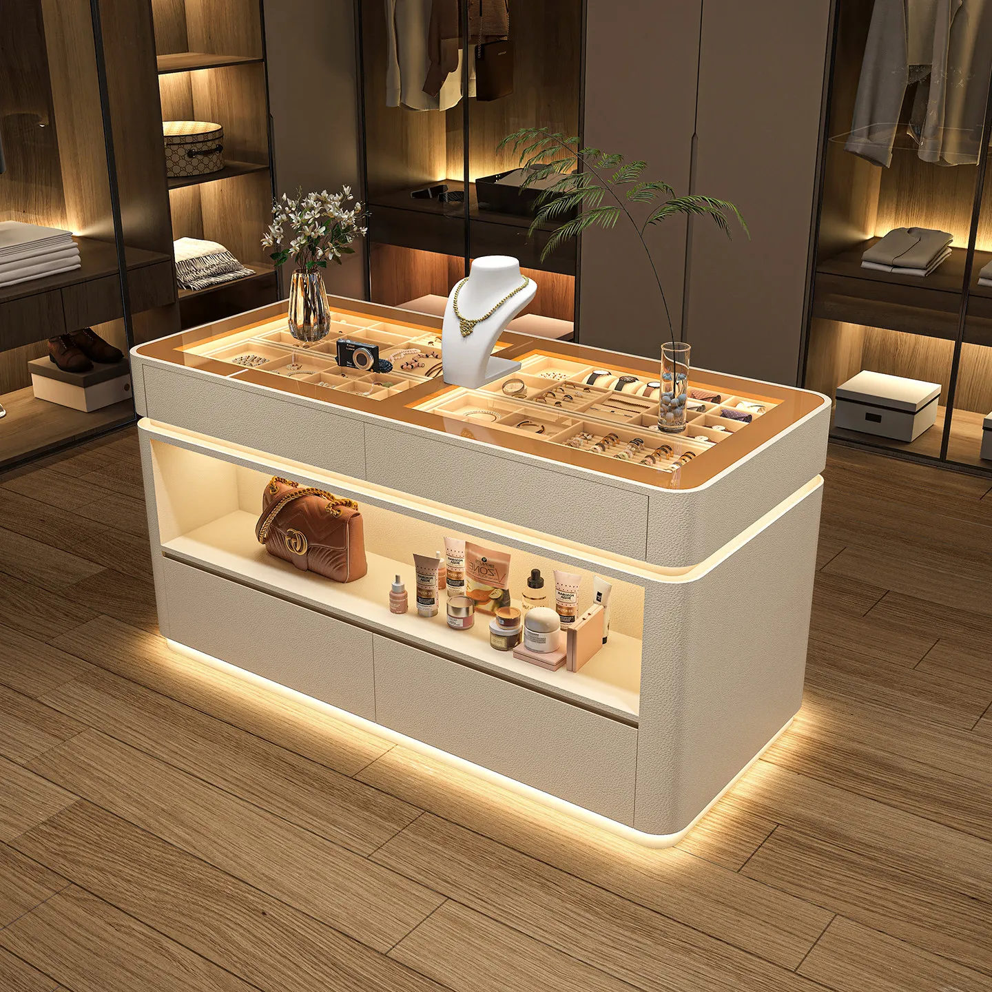 Simple Italian light luxury household floor jewelry storage cabinet Modern simple jewelry display cabinet Cloakroom Middle islan
