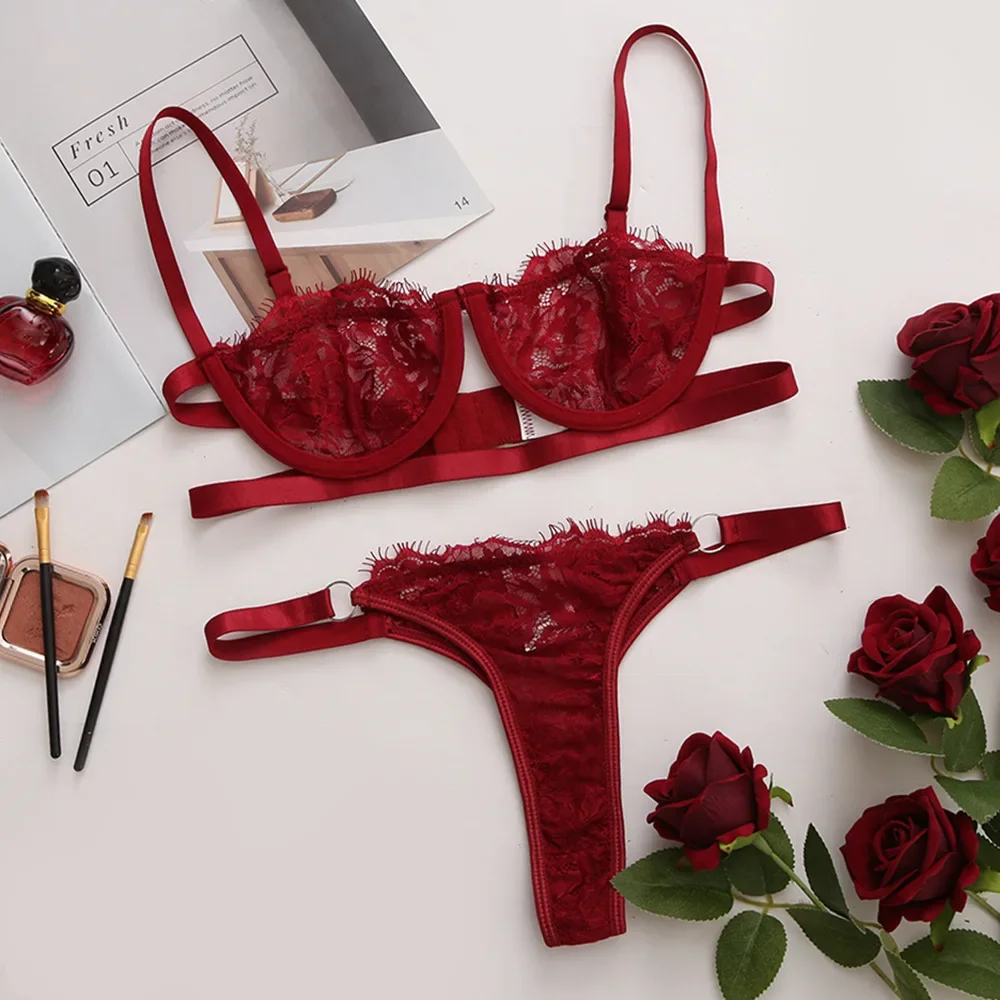 Sexy Lingerie Woman Lace Transparent Underwear Fairy Embroidery Brief Sets  Delicate Bra Kit Push Up Breves Sets Thin Erotic Bras
