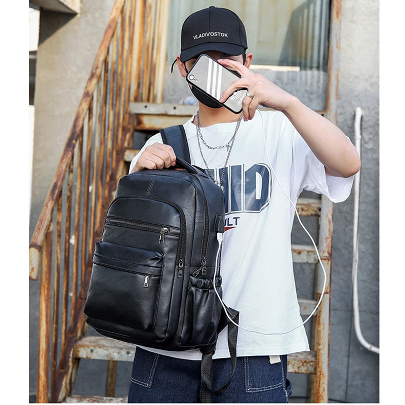 PU Leather Men'S Fashion Backpack Briefcase Casual Travel Laptop Waterproof Business Student Satchel Back Pack Portable Rucksack