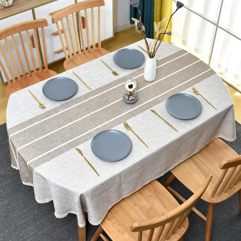 Fabric Oval Stripe Tablecloth Round Corner Wear-resistant Imitation Linen Japanese Fresh Style Lace Trim Home Dining Table Cloth