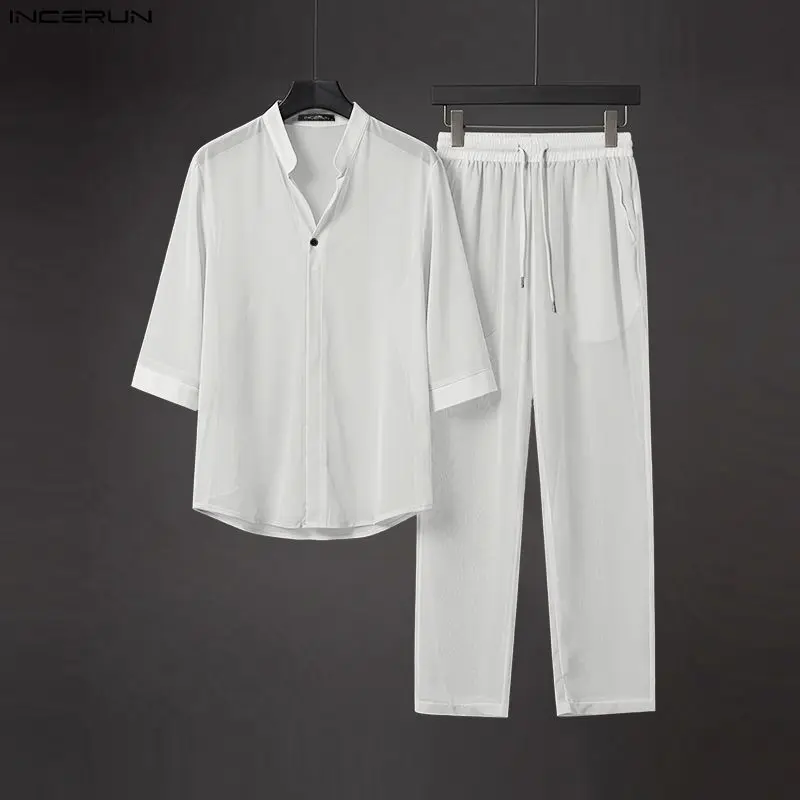 INCERUN Men's Sets Solid Color V Neck Half Sleeve Shirt Pants Two Piece Sets Streetwear Loose 2026 Men Matching Sets Tracksuits view 2