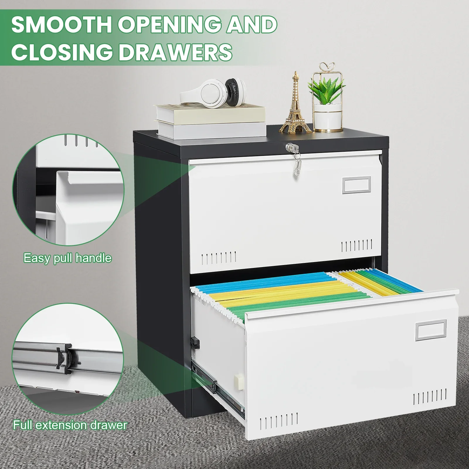 Black And White Color 2 Drawer Lateral File Cabinet Metal Filing With Lock Hanging Files Office