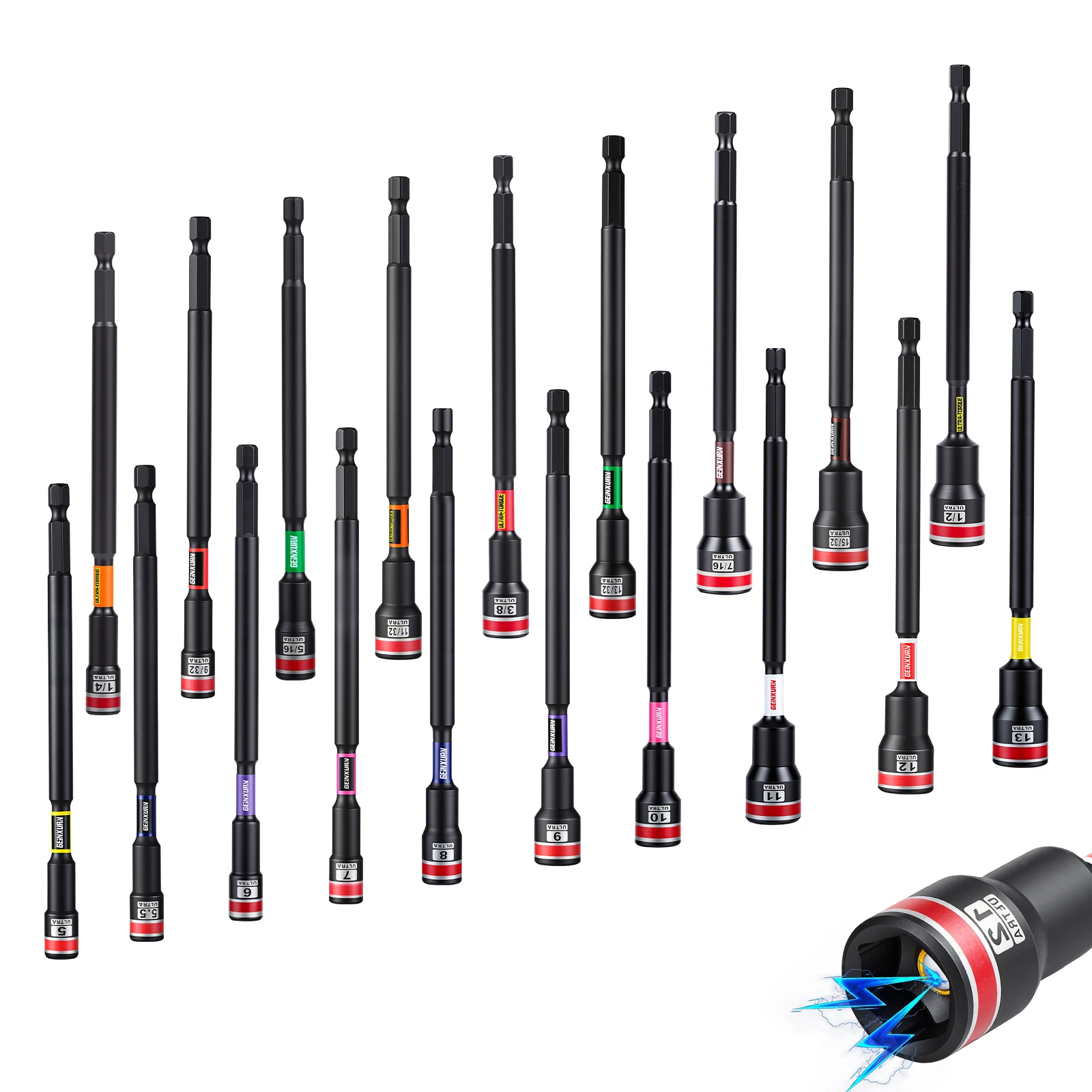 Jeu de tournevis à douilles Geinxurn 2,6”/6”, embouts à douilles à impact en acier S2 magnétiques codés par couleur, tige hexagonale 1/4 pour perceuse, tournevis et réparation