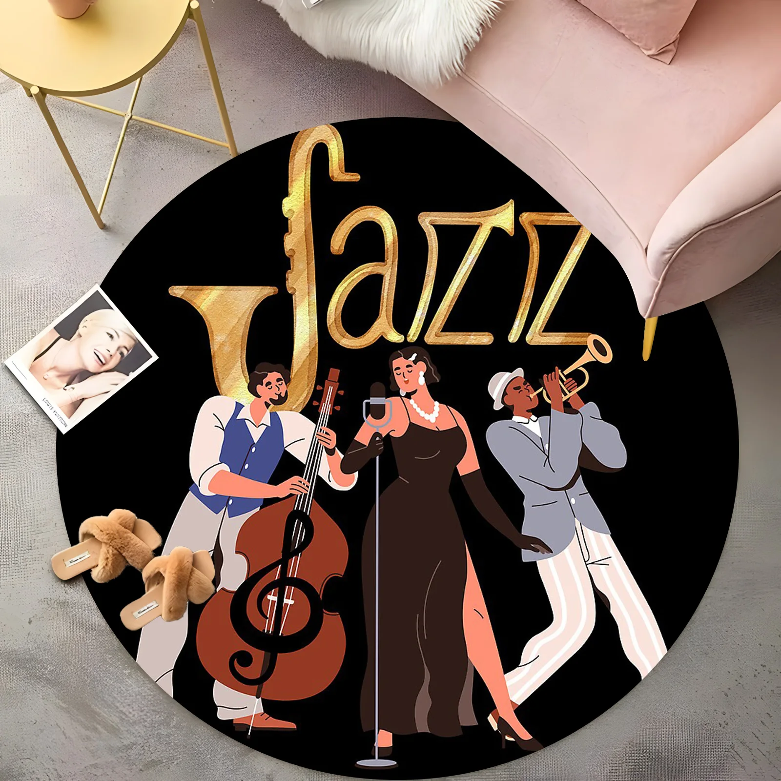 Golden Jazz Trio Round Rug - Black & Gold Musician Design, Bohemian Living Room Carpet, Non-Slip Music Lover Floor Mat