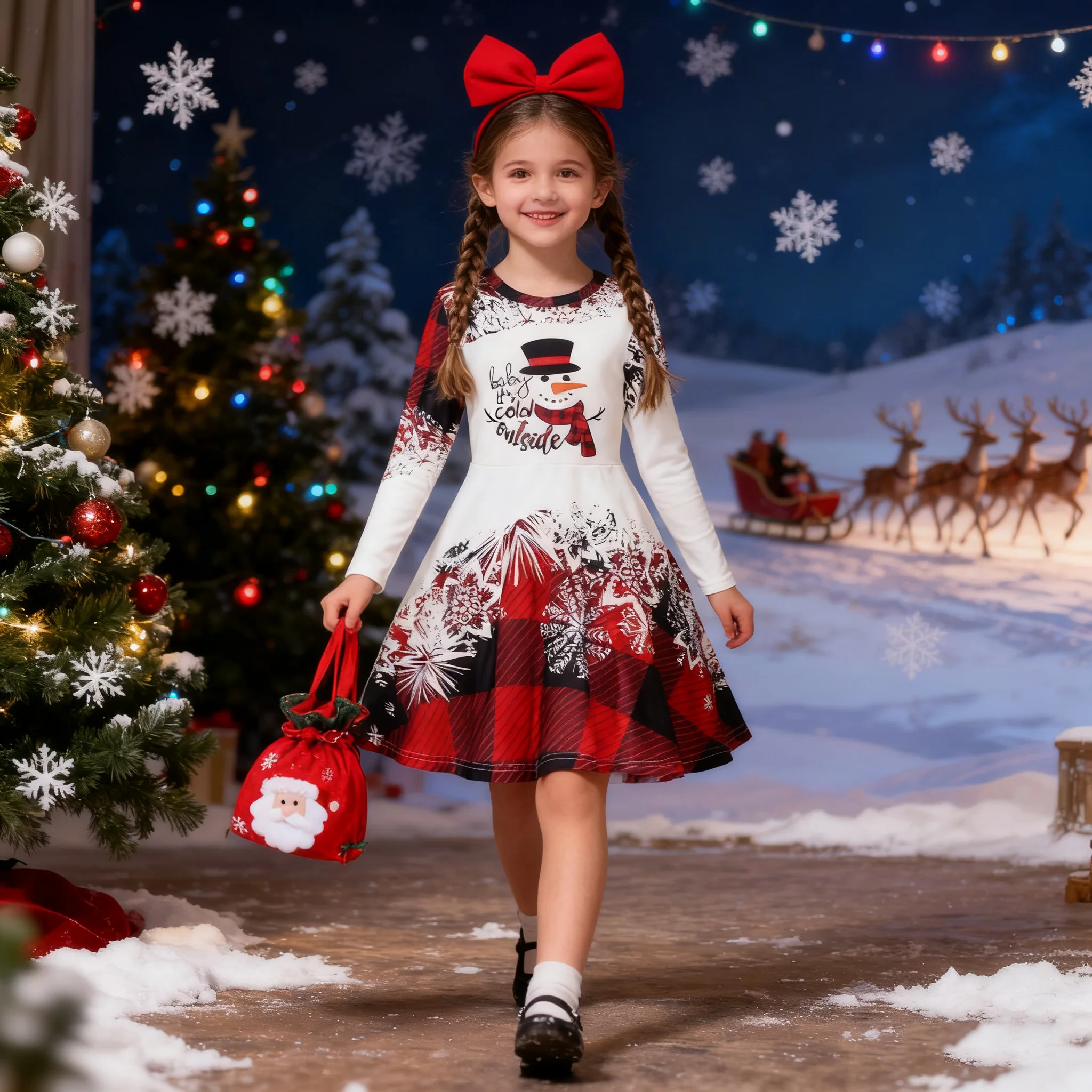 Spring Autumn Baby Girls Xmas Dress Cartoon Snowman Print Christmas Theme Winter Long Sleeve Party Casual Dress for Toddler Kids