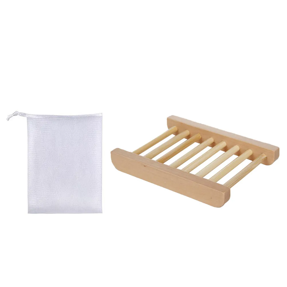 1Set Natural Wood Soap Dish and Premium Microfiber Bubble Making Net for Rich Lather Fragrance Release Skin Exfoliation Bathroom